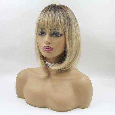 China Body Wave Bob Straight Synthetic Wigs Short With Bangs Ombre Brown Blonde Wig For Women Cosplay Party Daily Heat Resistant Natural Wigs for sale