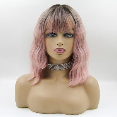 China Ombre Pink Wavy Synthetic Body Wave Bob Wigs With Bangs Natural Curly Synthetic Hair For Women Cosplay Daily Heat Resistant Lolita Wigs for sale