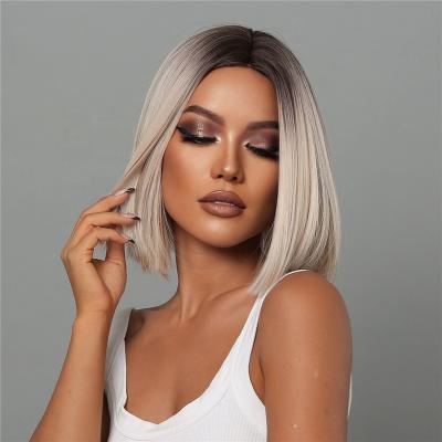 China Short Straight Synthetic Body Wave Wigs Ombre Platinum Blonde Brown Bob Wigs For Women Cosplay Hair Heat Resistant Daily Natural Wig for sale