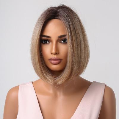 China Body Wave Short Golden Brown Synthetic Straight Bob Wigs Middle Piece For Women Natrual Daily Cosplay Hair Wig Heat Resistant for sale