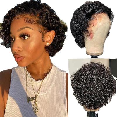 China Cheap Body Wave Human Hair Pixie Cut Wig Curly Hair Wig 13x1 Lace Transparent Wigs For Women Brown Ombre 99J Colored for sale