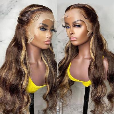 China Body Wave Highlight Wig Ombre Hair Lace Front Wigs For Women 30 Inch Glueless Honey Blonde Body Wave Transparent Lace Up T Piece Wigs for sale