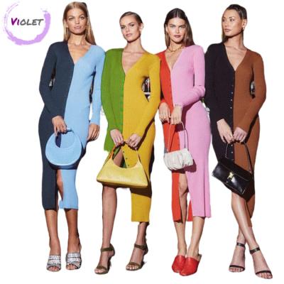 China Anti-wrinkle 2021 new arrivals bodycon long sleeve patchwork split V-neck elegant casual maxis ribbed button knit dress for sale