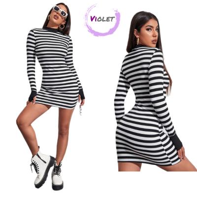 China High Quality Anti-wrinkle Stripe Skinny Mini Long Sleeve Casual Knit Dress for sale