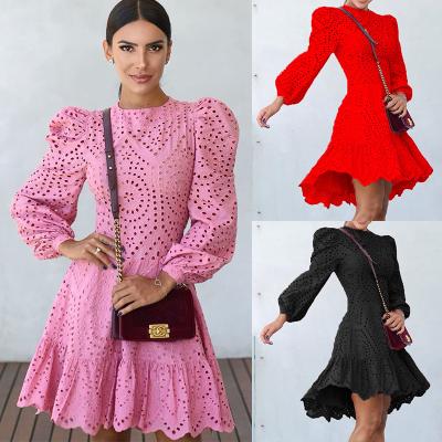 China Hot Selling Anti-wrinkle Amazon Long Sleeve Tortoise Neck Lace Princess Dress for sale