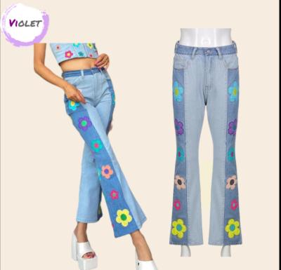 China QUICK DRY women fashion wide leg flare panties embroidery flower printed graffiti jeans pants 2021 for sale