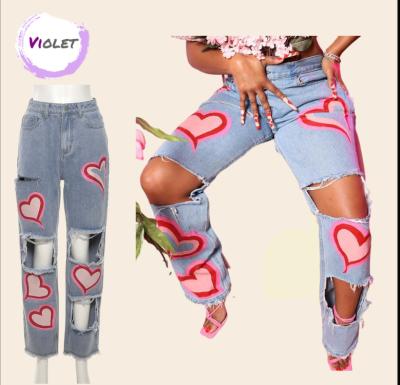 China Fashionable QUICK DRY Cavity Printed High Waist Cut Hole Straight Casual Jeans for sale