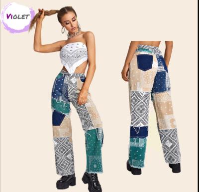 China QUICK DRY fashionable paisley printed patchwork high waist street jeans casual pants 2021 for sale