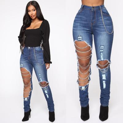 China Wholesale Price QUICK DRY Skinny Blue Ripped Pants Chain Jeans For Women for sale