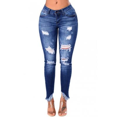 China Wholesale Price QUICK DRY Skinny Blue Ripped Pants Chain Jeans For Women for sale