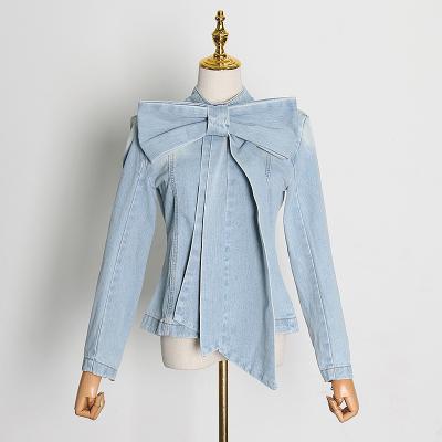 China New Back Blouse Breathable Catwalk Wild Bow Zippered Distressed Jeans Shirt Tops for sale