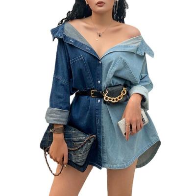 China Breathable high quality mujer de falll femme long sleeve blouse sexy patchwork off the shoulder patchwork jacket denim tops for women for sale