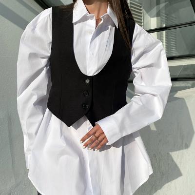 China Korea Style Designer Breathable Women Tops Fashion Blouse Set With White Vest Blouses Cotton Women for sale