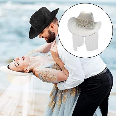 China Custom Image Logo Personalized Diamond White Pearl Chat Cowboy Bridal Wedding Veil Hat for sale