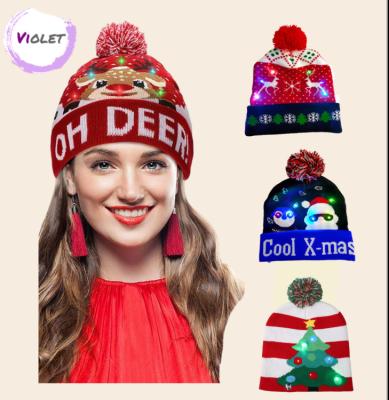 China Custom COMMON Logo LED Hat Christmas Covers Stylish Knitted Unisex Winter Santa Xmas Party Beanie Cap Sparkle Snowman Sweater for sale