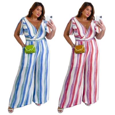 China QUICK DRY Summer Women's Casual V-Neck Stripe Print Clothing Plus Size Overalls Loose Pants Plus Size Sheer For Women Overalls for sale