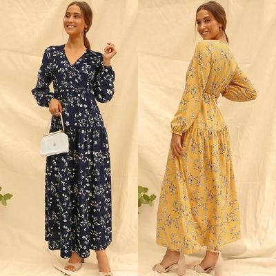 China Anti-Static Long Sleeve V-Neck Skirt Beach Printing Bohemian Style Dress Long Dress Elegant Casual Wear for sale