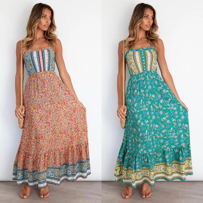 China Strapless Bohemian Dress Hanging Strapless Printed Anti-Static Long Loose Wide Skirt Backless Elegant Casual Dresses for sale