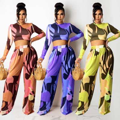 China New Viable Women Fashion Casual Long Sleeve Flare Pants Wide-leg Pants Digital Printing Ladies Two Piece Sets for sale