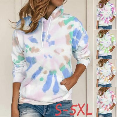 China Anti-wrinkle Drawstring Pattern Long Sleeve Ladies Polyester Tie Dye Sweater Casual Loose Tied Pullover Women Fashion Hoodies for sale