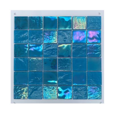 China Blue Iridescent Glass Mosaic Tile for Swimming Pool 306x306MM Sheet Size Modern Style for sale