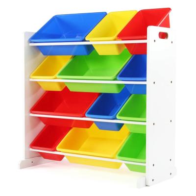 China ASTM Kids Viable White Wooden Kids Toy Storage Rack Organizer with 12 Removable Multiple Color Plastic Bins for sale