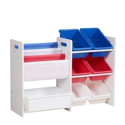 China MDF Space Saving Shelf Kids Cheap MDF Space Saving Toy Shelf With Container Bins Toy Rack for sale