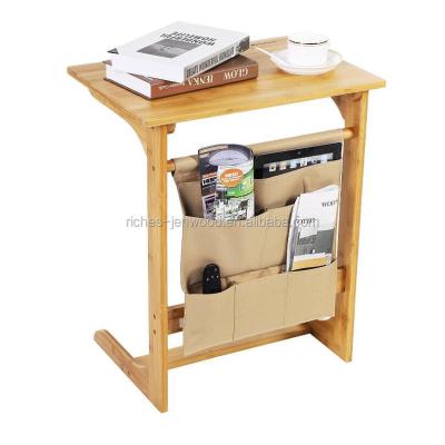 China Easy Gather Bamboo Sofa Side Table, Cafe Snacks End Bed Side Table with Storage Bag for sale