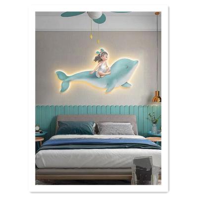 China ArtUnion High Resolution Print Nordic GIRL With Dolphins Jump Art Painting Led Canvas With Light Graffiti Anime Art Wall Art Picture Framed Decor Print for sale