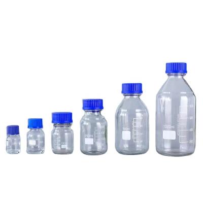 China Household Products 100ml 250ml Lab Glassware Reagent Bottle With Blue GL45 Screw Boro 3.3 Clean Transparent Media Bottle for sale