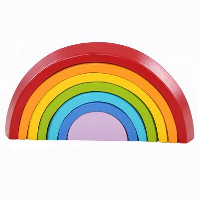 China 7Pcs/Lot Parent-children Interactive Colorful Wooden Rainbow Children's Building Block Educational Wooden Toys Circle Baby Color Sort Play Set Toy for sale