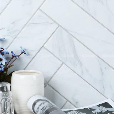 China White Bianco Carrara Marble Texture Porcelain Herringbone Bond Back Brick Parquet Mesh Mosaic Wall Slabs for sale