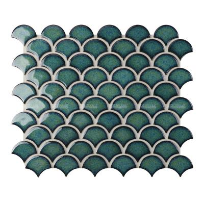 China New Moroccan style porcelain mosaic fan shape pattern green fish scale mini fashionable crystal glazed tile premium chinas for sale