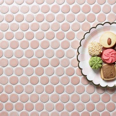 China Foshan Modern Nordic Wall Circular Round Mosaic Tile 28mm Penny Type Pink Backsplash Ceramic for sale