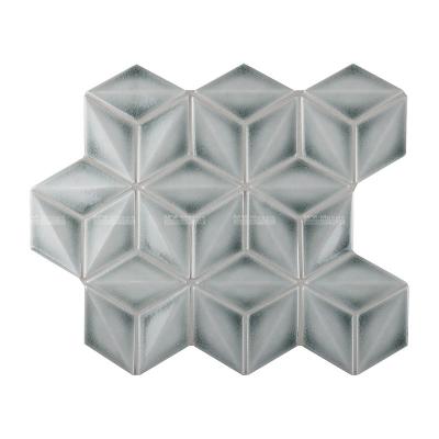 China Use-resisitant 3D Cube Effect Crack Porcelain Shiny Glazed Diamond Bathroom Mosaic Tiles Gray for Hotel Restaurant OEM Project for sale