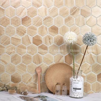 China Wholesale Wear Resistant Inkjet Travertine Pattern Porcelain Digital Printing Hexagon Shape Mosaic Tile For Kitchen Backsplash Wall for sale