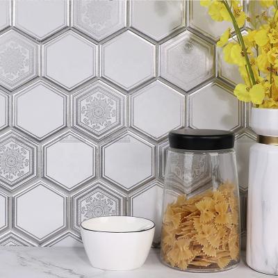 China Printing Wear Resistant Metallic Silver Matte White Porcelain Large Honeycomb Hexagon Tiles For Backsplash Kitchen Bathroom for sale