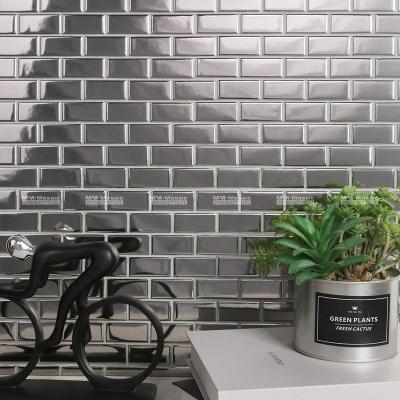 China Europe China Factory Supply 23x48mm Brickbond Shiny Silver Metallic Tile for Kitchen Backsplash and Bathroom Project for sale