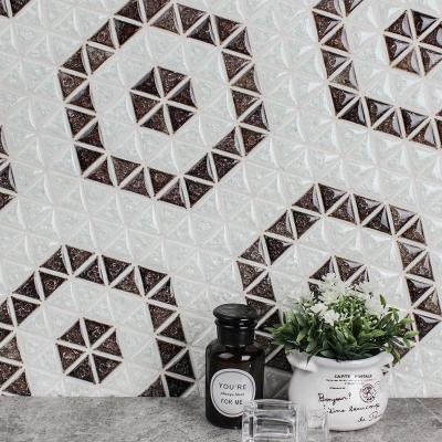 China Wear Resistant Shiny Mesh Mounted Geometric Triangle Pattern Crack Glazed Ceramic Wall Mosaic Tiles For Hotel Restaurant Shop OEM Project for sale