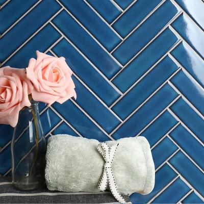 China Europe China Foshan Factory Price Blue Ceramic Bathroom Wall Tile Herringbone Mosaic For Kitchen Backsplash Hotel Restaurant Project for sale