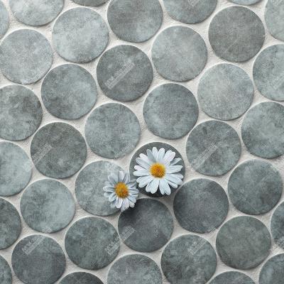 China New Waterproof Unique Inkjet Gray 48mm Penny Round Recycled Glass Mosaic Kitchen Shower Tile For Bathroom Restroom Backsplash Hotel Project for sale