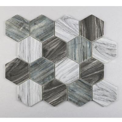 China Eco-friendly Wear-resisitant Matte Hexagon Inkjet Recycled Glass Bathroom Tiles Mosaic For Hotel Villa Apartment Kitchen Shower Backsplash Wall for sale