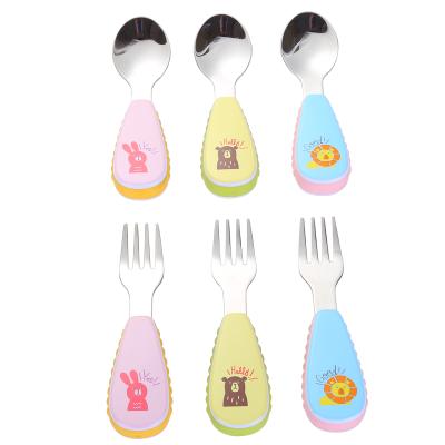 China Disposable Creative Baby Spoon Fork Pattern Cartoon Food Set Plastic Children Administer Stainless Steel Spoon Tableware for sale