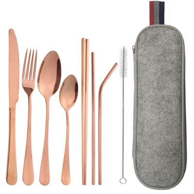 China 5 Colors Travel Kit Stainless Steel Disposable Reusable Silver Camping Cutlery Straw Set With Bags for sale