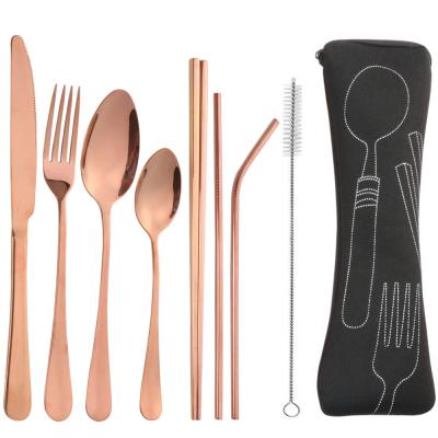 China High Quality Disposable Gold Plated Straw Stainless Steel Portable Cutlery 8 Sets for sale