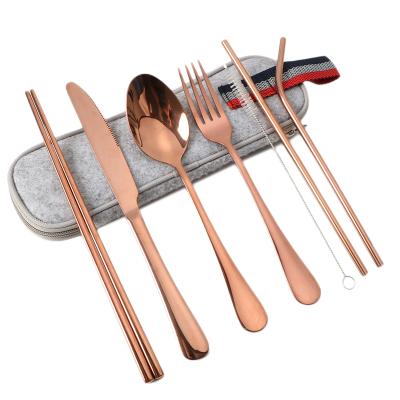 China Seven Piece Straw Spoon and Fork Color Travel Disposable Portable Tableware Set Stainless Steel Dinnerware Set for sale