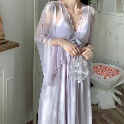 China Luxury high quality solid women's pajamas long bridesmaid robes pijama woman pijamas evening dress set princess wind mesh nightgown QUICK DRY for sale