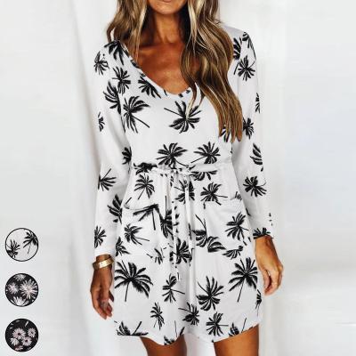 China 2022 Spring and Autumn New European and American Women's Washable Fashion Printed Dresses Loose V-neck Long Sleeve Amazon for sale