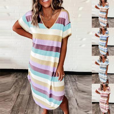 China Anti-Static 2022 Hot Selling Amazon Women's Summer Knitting Loose Stripe Printed Short Sleeve Dress for sale