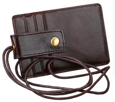 China Luxury High Quality Genuine Leather Lanyard ID Card Holder for Students Office Workers for sale